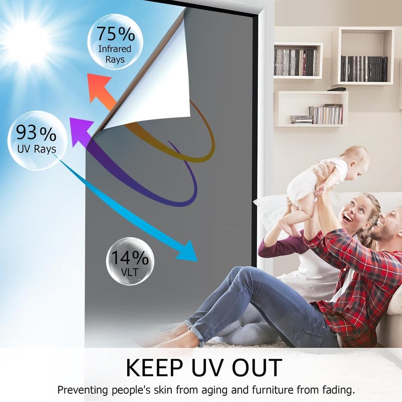 HIDBEA One Way Window Film, Daytime Privacy Sun Blocking Reflective Window Film No Glue Static Cling Heat Control Window Tinting Film for Home and Office, Black Silver, 23.6 x 78.7 Inch - Image 2